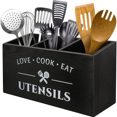 Porte-ustensiles de cuisine avec 3 compartiments, boîte de rangement en bois rustique vintage, porte-couverts de ferme, pour argenterie, fourchette, cuillère, spatule (1/5)
