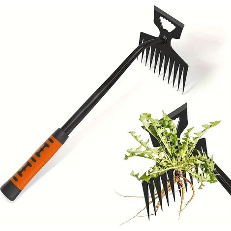 (11 dents) Râteau de jardin 2 en 1, peut ameublir le sol, enlever les mauvaises herbes et enlever les racines un outil de jardinage. (1/4)