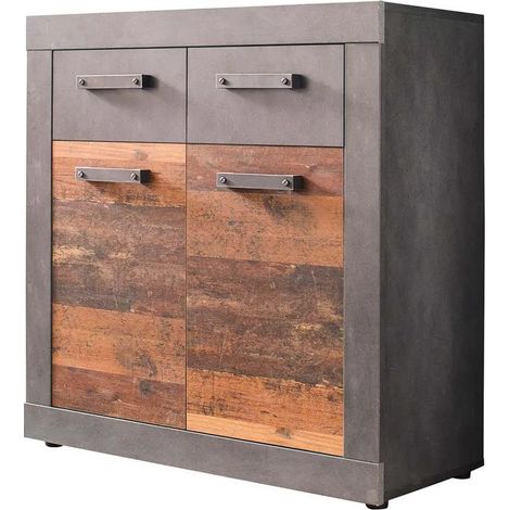 Buffet 2 portes 2 tiroirs 82x37x86 cm décor bois vieilli - LINDA (1/5)