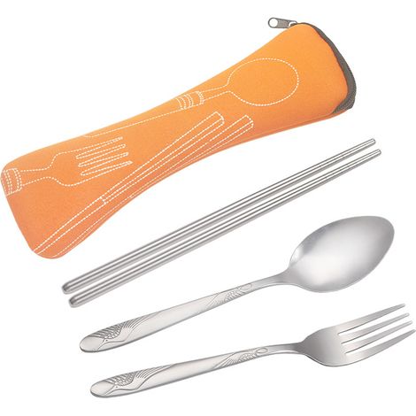 Couverts de Camping Couverts en Acier Inoxydable [Baguettes, Fourchette, cuillère] avec Sac en néoprène Idéal pour Les Voyages et Le Camping (Lot de 3)