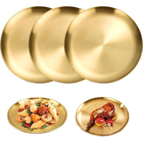 Juego de 3 platos redondos dorados de 23 cm (9 pulgadas), platos decorativos de acero inoxidable para bistec, ensalada y postre (1/5)