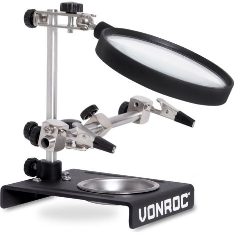VONROC Troisième main avec loupe – 2 bras réglables, pied lourd et plateau collecteur inclus