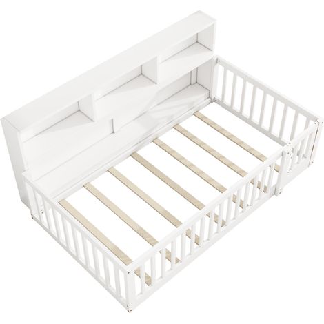 Cama casita 90 x 200 cm blanca de pino y MDF con almacenaje y barreras (1/5)