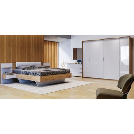 Dormitorio ASTO II, blanco lacado y roble claro 180 x 200 cm - Armario: sin armario