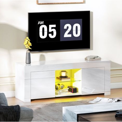 Mueble TV LED 120x34x45 cm, con 2 armarios y 2 baldas abiertas, estante de vidrio, blanco (1/5)