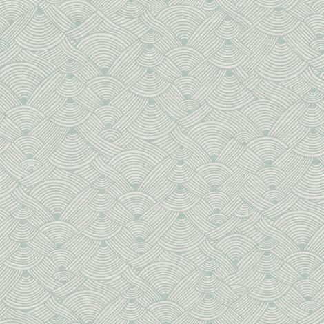Papier peint graphique vert et crème Tapisserie en lignes aspect tressage Papier peint style éthnique idéal pour cuisine (1/3)