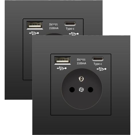 Lot de 2 prises murales avec USB et Type-C, 5 V 2,1 A, prise USB encastrée standard UE, multiprise France, 110-250 V (noir) (1/4)