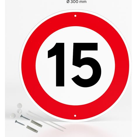 Limitation de vitesse 15km/h panneau de signalisation rond en pvc rigide prépercé avec kit de fixation complet - Diamètre 300 mm