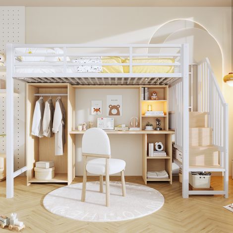 Lit mezzanine 90x200 avec bureau, armoire, étagères et rangement en métal blanc (1/5)