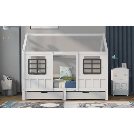 Letto a casetta per bambini bianco in legno massello 90x200 cm con finestre laterali e 2 cassetti