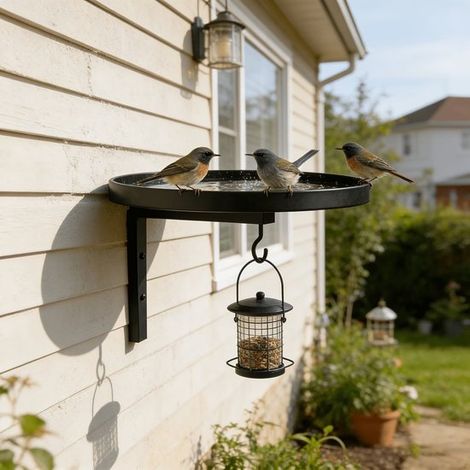 Mangeoire à oiseaux pour clôture, plateau robuste en fonte avec crochet, mangeoire suspendue pour balcon, terrasse et jardin, convient aux perroquets et aux moineaux. (1/2)