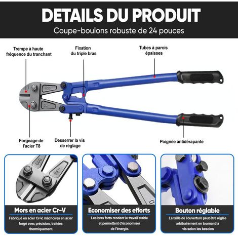 Manueller Bolzenschneider, Ultrixe 600 mm Bolzenschneider mit gehärteten Backen, mit rutschfesten, griffigen Gummigriffen, für Mechaniker, Schreiner, Bauarbeiter, Installateure, Blau (1/3)
