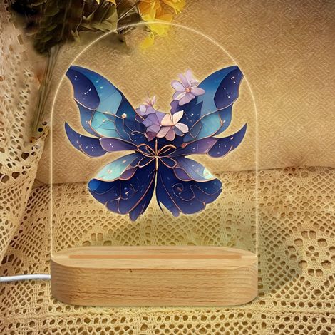 Veilleuse en forme d'arc avec papillon bleu et fleurs violettes  Lampe LED 7 couleurs  Décoration chambre bébé  Cadeau fille garçon (1/5)