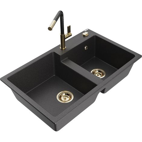 Mexen Tomas fregadero de granito de 2 senos con grifo de cocina Flora, negro moteado - 6516-76-670401-75-G (1/5)