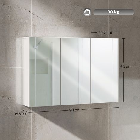Badezimmerspiegelschrank, Badschrank mit 3 Spiegeltüren, Wandmontage, 90 x 15,5 x 60 cm, Spanplatte, Weiß (1/3)
