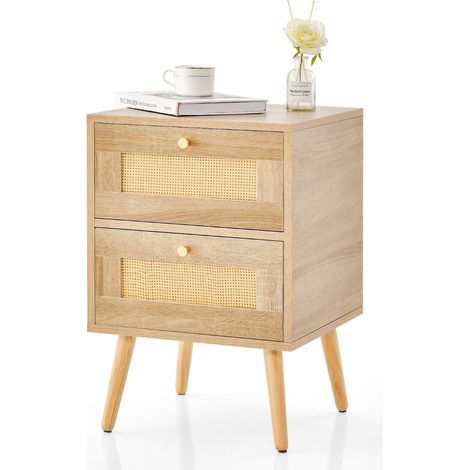 Comodino in rattan con 2 cassetti gambe in legno massello Tavolino comodino Boho laterale per soggiorno Naturale (1/4)