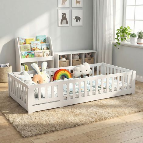 JOOKGBD-Letto Montessori 90x200 cm, Letto a Pavimento in Legno Massiccio con Protezione Anticaduta e Porta, Rete a Doghe, Letto Singolo per Bambini e Ragazzi, Bianco