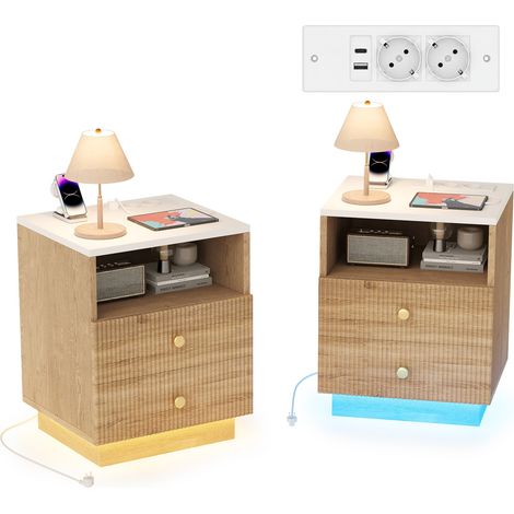 Set di 2 comodini, tavolini laterali con prese USB e LED, 2 cassetti contenitore, stile scandinavo moderno per camera da letto e soggiorno, colore quercia e bianco