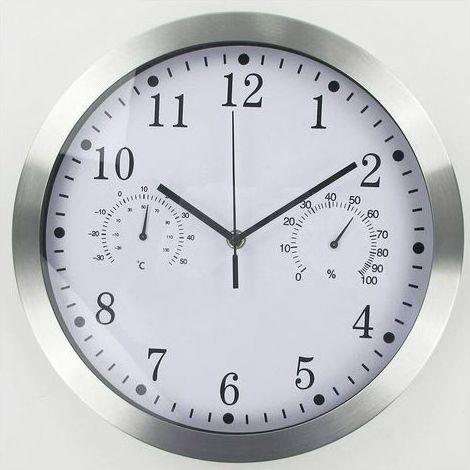 Horloge murale ronde à quartz, horloge murale intérieure silencieuse en aluminium avec thermomètre et hygromètre pour salon, cuisine, bureau (blanc) (1/5)