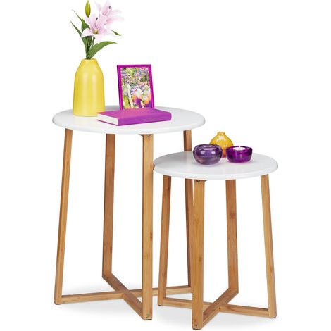 Relaxdays Beistelltisch 2er Set, runde Satztische, 48,5 & 60,5 cm hoch, modernes Design, Wohnzimmertisch, natur/weiß