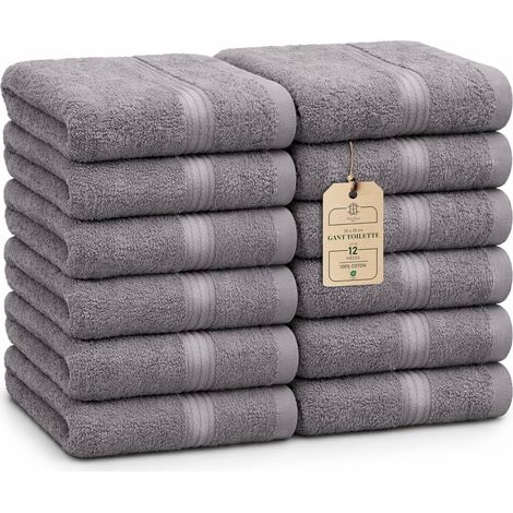 Luxe Set de 12 Gants de Toilette – 100% Coton, Doux & Absorbant, Entretien Facile, Serviettes Premium pour Le Visage, 30×30 cm, Gris Pierre (1/5)