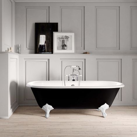 Baignoire sur pieds rétro en fonte PLYMOUTH Noire 153 cm Pieds blancs