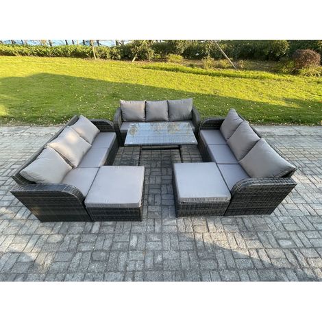 Fimous Rattan Gartenmöbel Set 11-Sitzer Rechteckiger Tisch 2 hohen Hockern Dunkelgrau Gemischt (1/5)