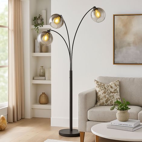 Lampadaire 3 flammes Lampadaire arqué verre fumé Lampe de salon sur pied noir, métal, 3x E27, LxH 105 x 200 cm