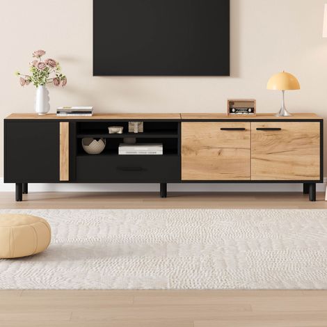 Meuble TV 180 cm avec 1 tiroir et 3 portes Meuble tv en bois avec 5 pieds Convient aux meubles de salon de 80 pouces Noir + Bois (1/5)