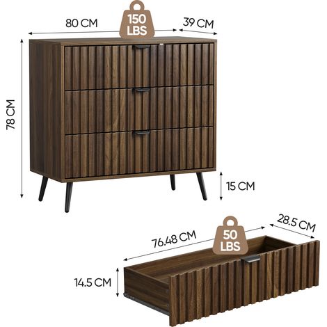 Commode à 3 tiroirs, armoire/meuble de rangement moderne, meuble de rangement en bois, coiffeuse, idéale pour le salon, la chambre ou l'entrée, couleur noyer. (1/5)
