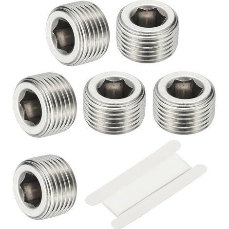 1/8" NPT Male Raccord De Tube À Hexagone Interne, 4 Pcs 304 Acier Inoxydable Kit Assortiment Bouchon Tête Filetée Frapper Adaptateur Avec Ruban, Argent - 3/8" (1/5)