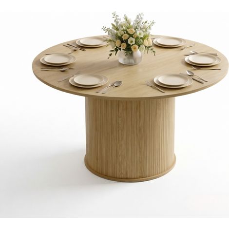 Runder Esstisch für 4–6 Personen, Ø 120 x 75 cm, geriffelte Zylinderbasis, Holzoptik (1/5)