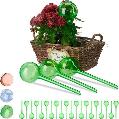 Set of 24 Relaxdays Watering Globes, Regulated Irrigation, 2 Weeks, Pot Plants, Plastic Sphere, Bulb, Green