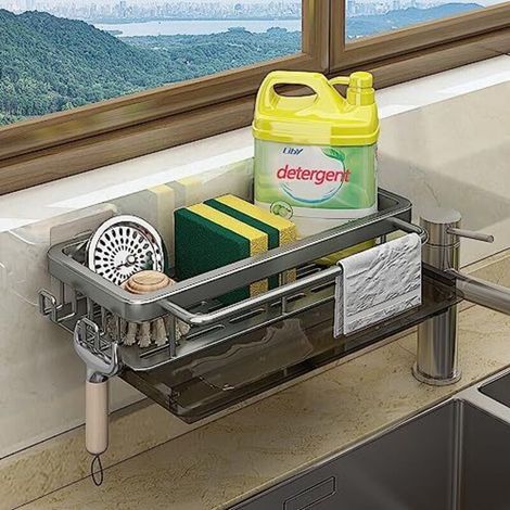 Spülbecken-Organizer mit Abflussstopfen – Haken – Wandmontage ohne Bohren – Badezimmeraufkleber – Küchenaccessoire – Schwamm / Bürste / Spülmittel (grau)