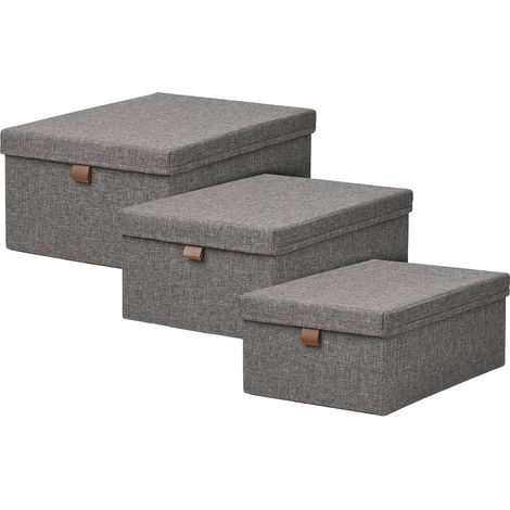Set 3 scatole Noto in tessuto grigio scuro con coperchio e linguetta in ecopelle (1/5)