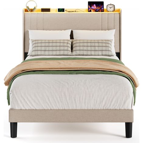 Letto Imbottito 120 x 200 Bealife Struttura letto con Luce LED e Stazione di Ricarica Letto Singolo con Testiera Tessuto in Lino Letto per Bambini e Adolescenti Beige