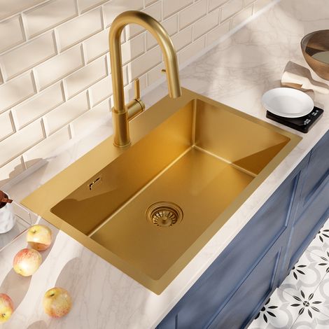 Ceramia Timeless 68x45x21 cm lavello da incasso + miscelatore in acciaio inox con doccetta estraibile, oro spazzolato (1/4)