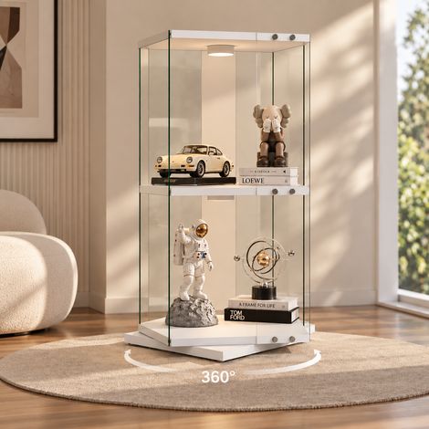 Vitrine d'exposition rotative 360°, Verre 2 Niveaux 85 cm avec LED RGB, Anti-basculement, Verre trempé et bois, Blanc (1/5)
