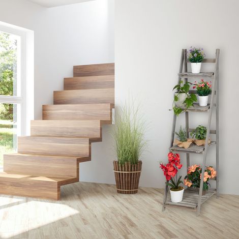 Relaxdays Blumentreppe, 4-stufig, Blumenleiter Holz, klappbar, Leiterregal für Pflanzen, HBT: 160 x 41 x 50 cm, grau
