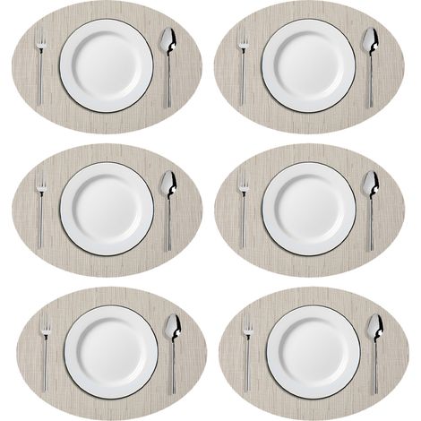 Sets de table ovales en vinyle tissé imitation bambou, résistants à la chaleur et lavables, pour table de cuisine (beige)