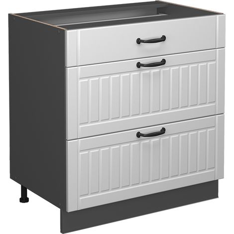 Mobiletto base per cucina Fame-Line, Bianco rustico, 80 cm con 3 cassetti, senza piano di lavoro, Vicco