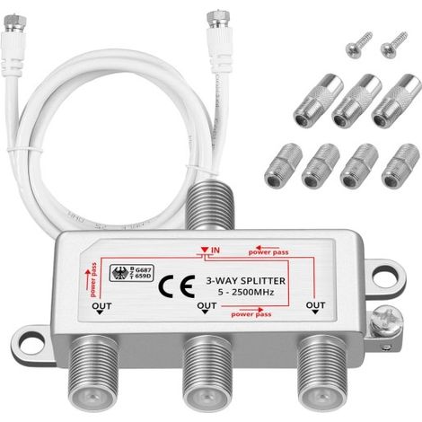Neoteck Séparateur Cable 3 Voies Satellite TV Aérien Kit F Connecteur Male vers Femelle Large Bande avec Fiches F Cable Coaxial 1,5m (1/5)