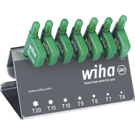 Wiha Jeu de clés mâles avec manche drapeau TORX, 7 pcs, oxydées noir dans le support d’établi (25625)