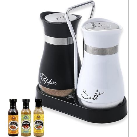 Salière et Poivrière Ensemble, Avec Support de Table, Verre Acier Inoxydable Design Noir Blanc, pour la Maison, Restaurants Camping (1/5)