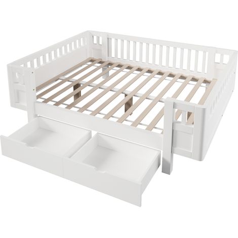 Cama plataforma 140 x 200 cm blanca con barrera alta y 2 cajones grandes (1/5)