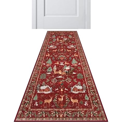 Tapis de Couloir de Noël, 200 x 60 cm, en Polyester, Motif cerf et Père Noël, Tapis de Sol Doux pour Chambre à Coucher, buanderie, Salon, entrée (1/5)