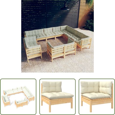 Terrassensofa -  12-tlg. Garten-Lounge-Set mit Creme Kissen Massivholz Kiefer (1/5)