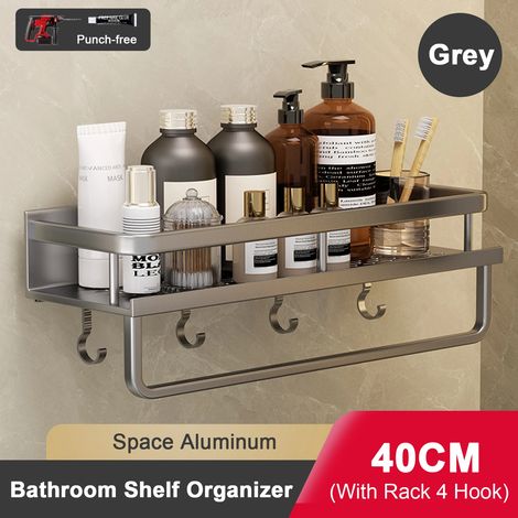 Étagère de salle de bain (40 cm, grise) sans perçage, en aluminium, à suspendre au mur. (1/5)