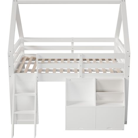 Hochbett im Hüttenstil 140 x 200 cm mit Treppe, LED, Stauraum und Taschen, Weiß (1/5)