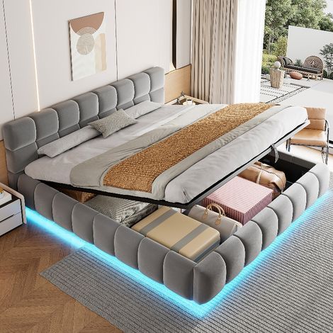 Polsterbett 180x200 cm mit Stauraum und LED-Beleuchtung, Doppelbett aus Samtstoff mit hydraulischem Bettkasten und hohem Kopfteil, Grau (1/5)